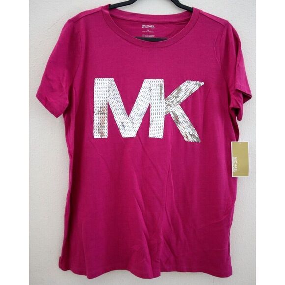 Michael Kors QH350C36TF Women's Sz M Deep Fuchsia "MK" Sequin Logo T- Shirt - Picture 1 of 8